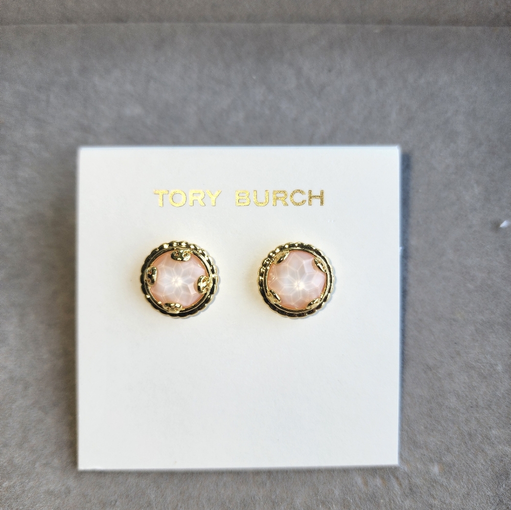 Tory Burch Gold and Pink Stud Earrings